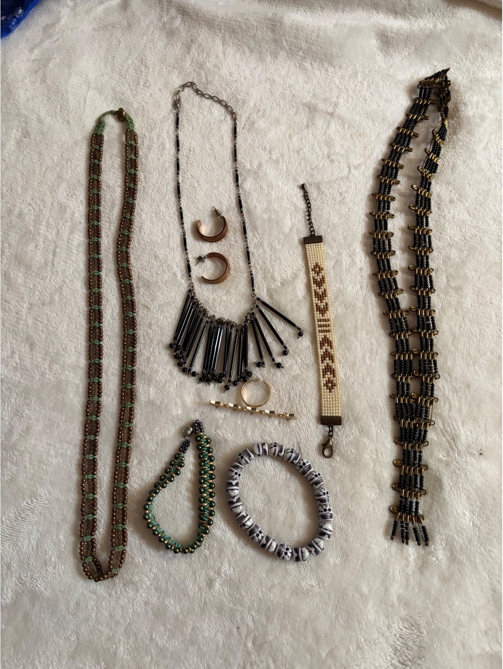 Set of various jewelry necklaces bracelets earrings ring pin black long handmade